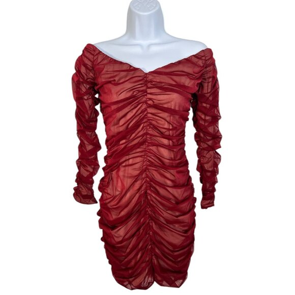 House of CB London Fifi Dress Sheer Ruched Mini Off Shoulder Red Wine Medium - Picture 4 of 16